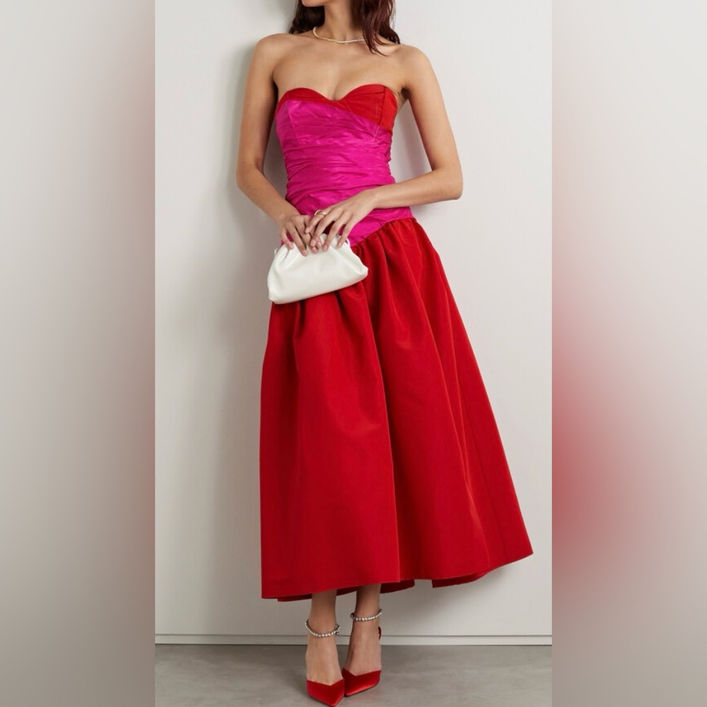 Carolina Herrera Red and Pink Strapless Midi Dress